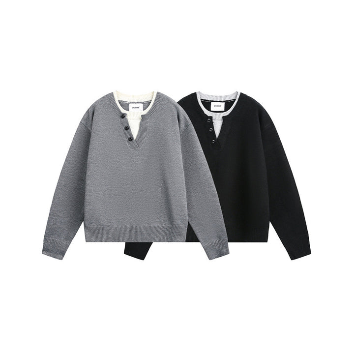 Unisex Chunky Knit Sweater with V-button Placket and Layered Collar Mune Fashion