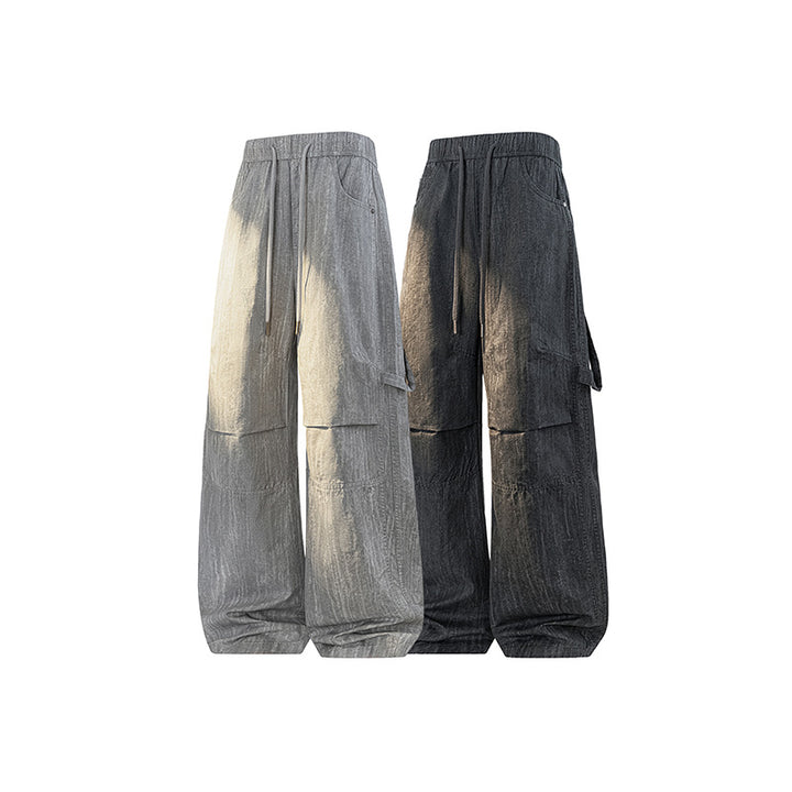 Damen Weite Leinenoptik Cargo-Bundhose mit Tunnelzug, Knieabnähern und asymmetrischer Seitentasche Mune Fashion
