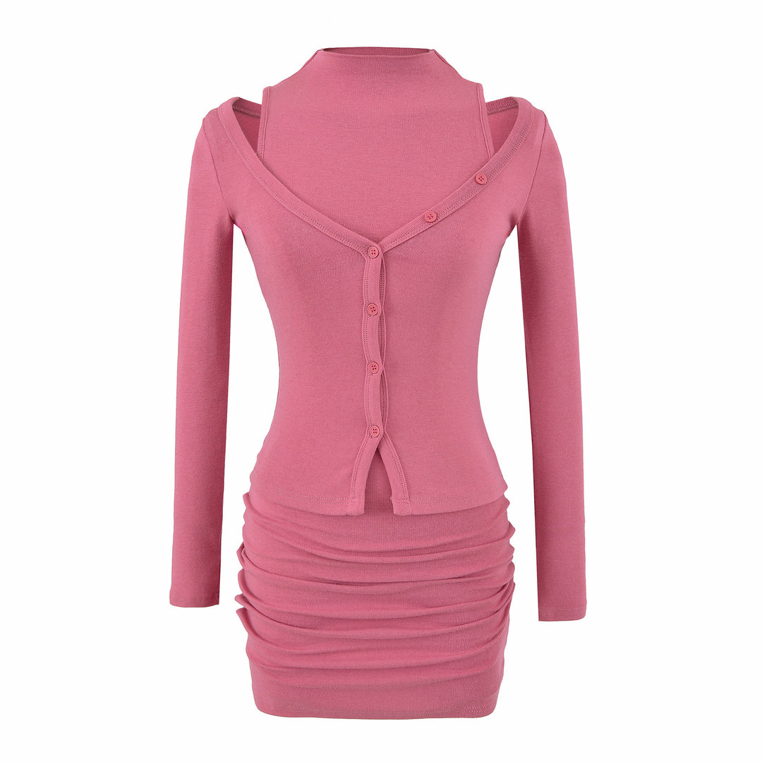 Ladies two-piece knit set with integrated high neck vest and asymmetric button cardigan Mune Fashion