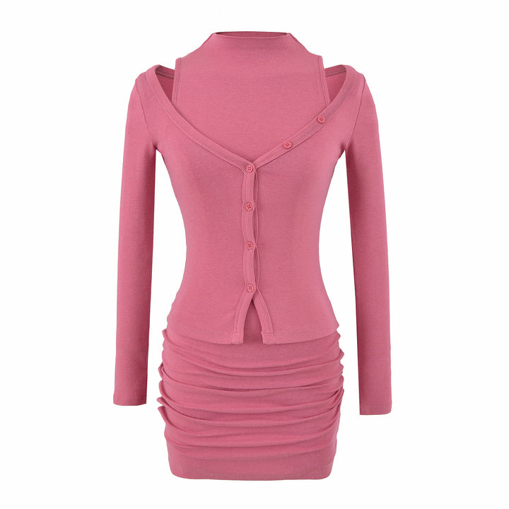 Ladies two-piece knit set with integrated high neck vest and asymmetric button cardigan Mune Fashion