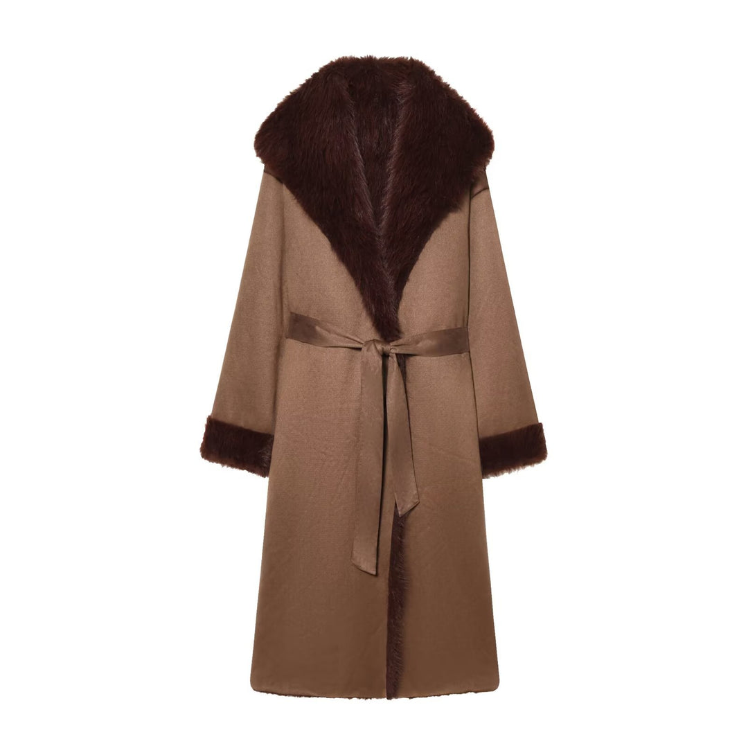Women longer coat with faux fur trim and tie belt Mune Fashion