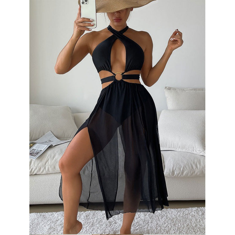 Women's beach dress with sophisticated wrap design and elegant cut-outs