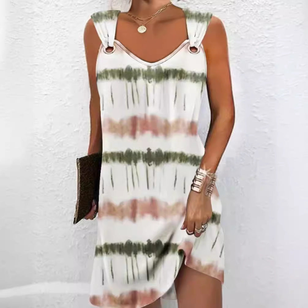 Women's sleeveless V-neck summer dress with decorative metal eyelets on wide straps and casual A-line silhouette Mune Fashion