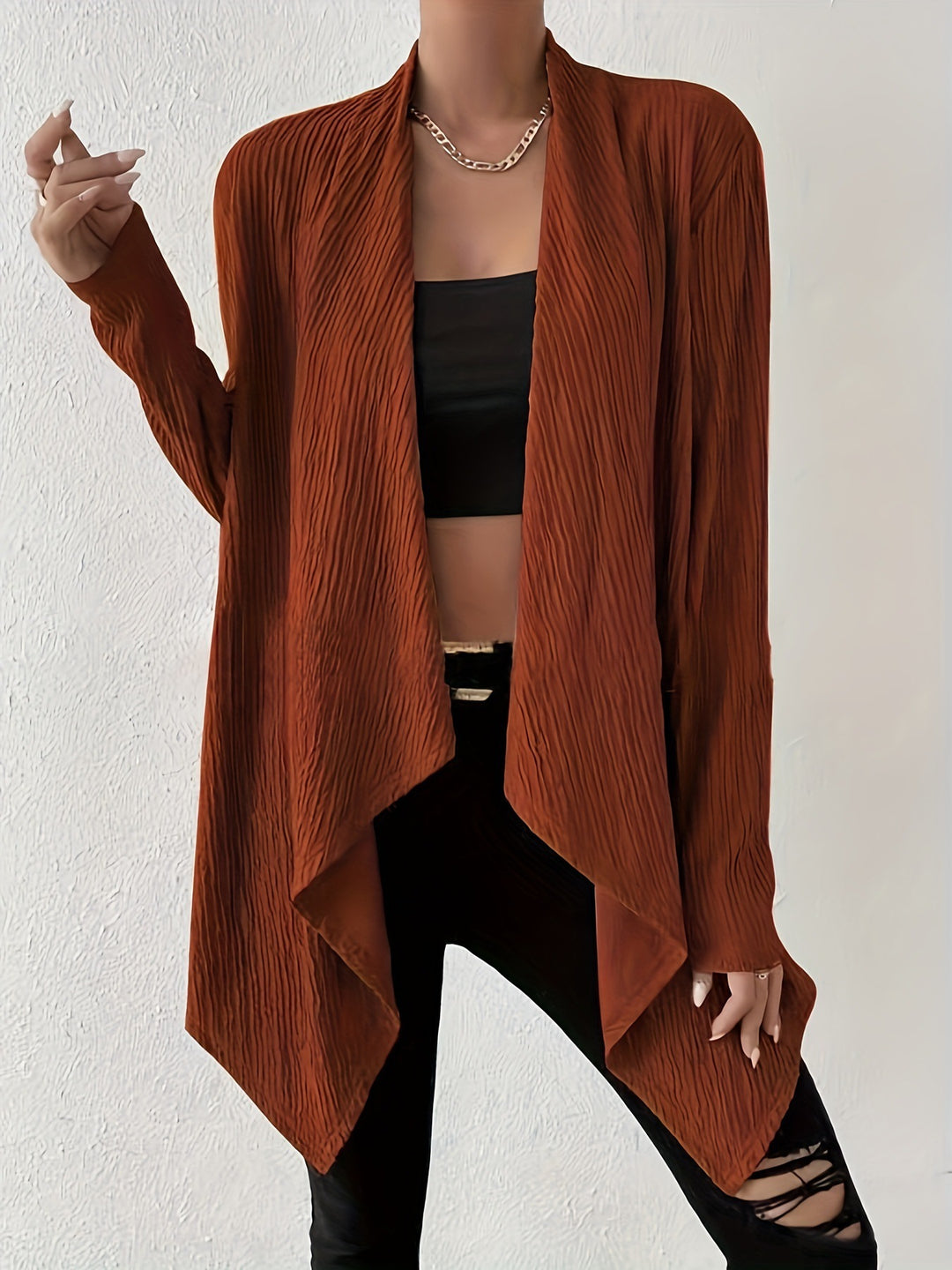 Women's Open Crinkle Cardigan with Waterfall Hem and Longline Silhouette Mune Fashion