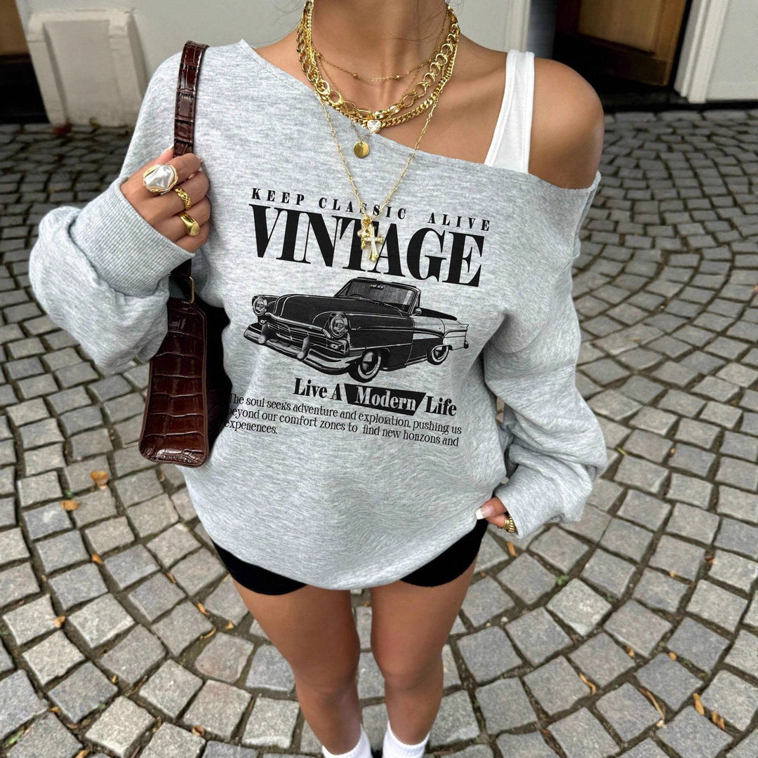 Women's Oversized Sweatshirt with Vintage Car Print and Drop Shoulder