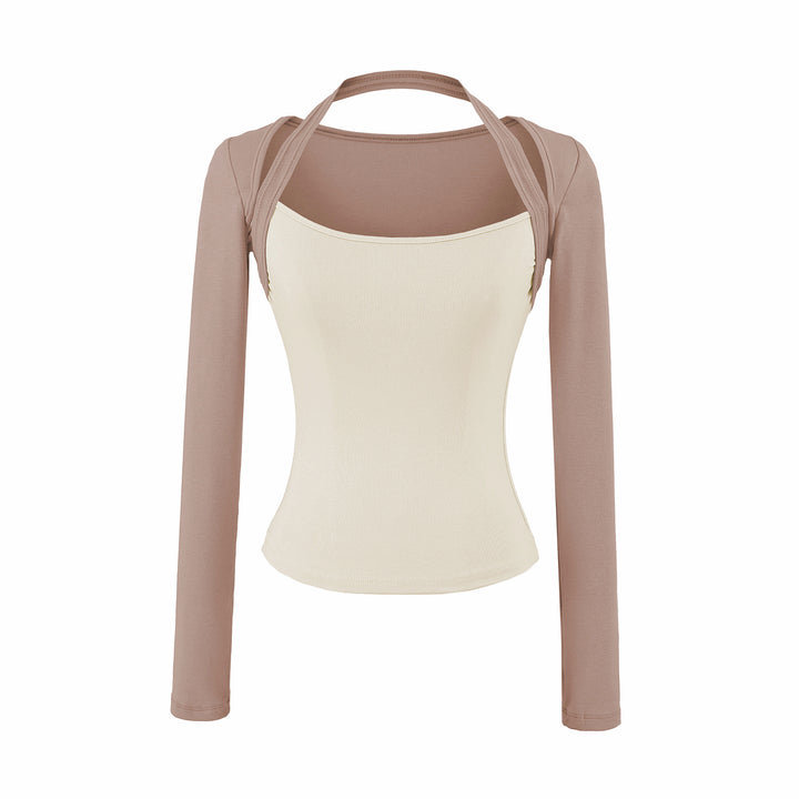 Women Fitted Layering Top with Integrated Bolero Sleeve and Neckholder Detail