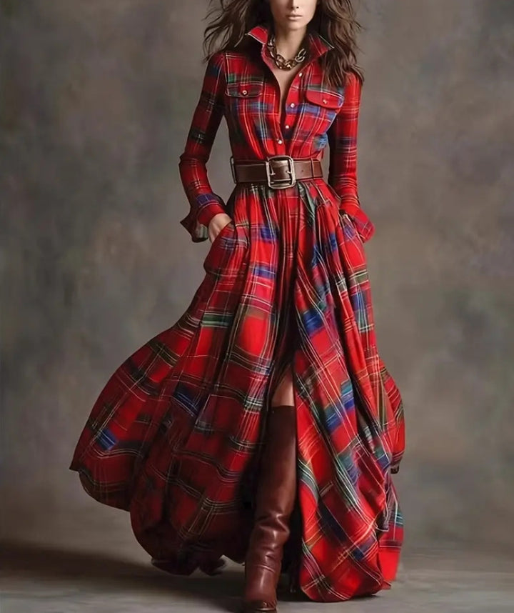 Women checked maxi dress shirt dress with flared skirt and wide waistband Mune Fashion