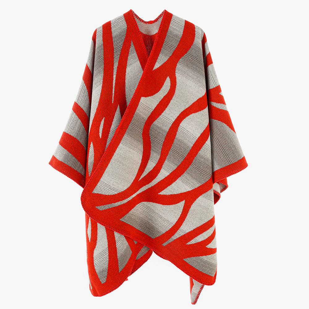 Women's textured knit cape with asymmetric wrap style and jacquard pattern Mune Fashion