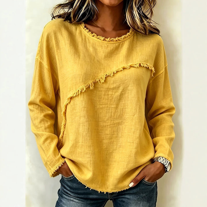 Women Casual Long Sleeve with Diagonal Fringe Application and Frayed Round Neck Mune Fashion
