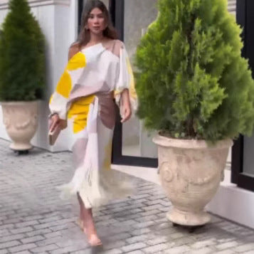 Women's nano asymmetrical draped midi dress with one-sided shoulder, voluminous sleeve cut and fringe hem Mune Fashion