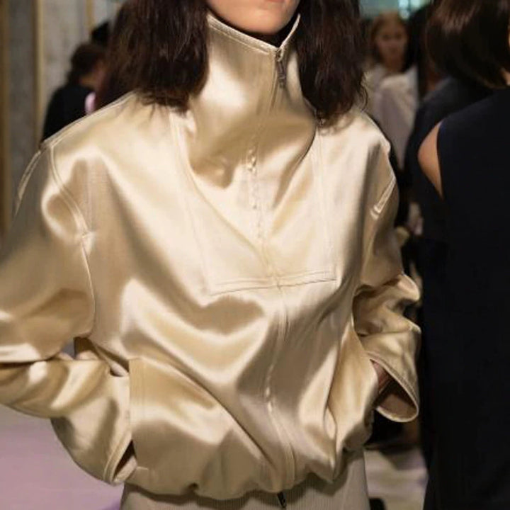 Women's Oversized Satin Bomber Jacket with High Standing Collar, Half Zipper and Elastic Hem