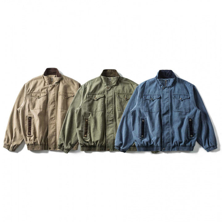 Men's Boxy Canvas Blouson Jacket with Cord Trim, Stand-Up Collar and Elastic Hem Mune Fashion