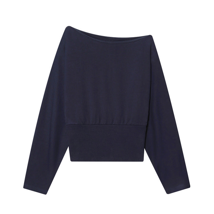 Women's Off-Shoulder Cropped Sweatshirt with Wide Boat Neck and Waistband Mune Fashion