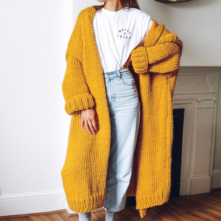 Women Oversize Maxi Chunky Knit Cardigan with Open Front and Voluminous Sleeves Mune Fashion