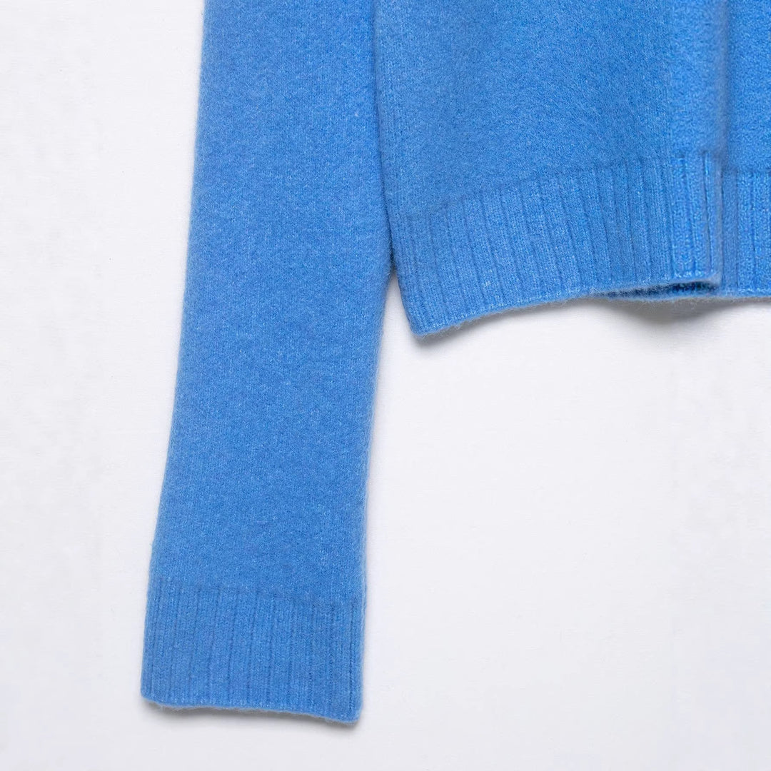 Women's chunky knitted short jacket with zipper, wide collar and ribbed hem Mune Fashion