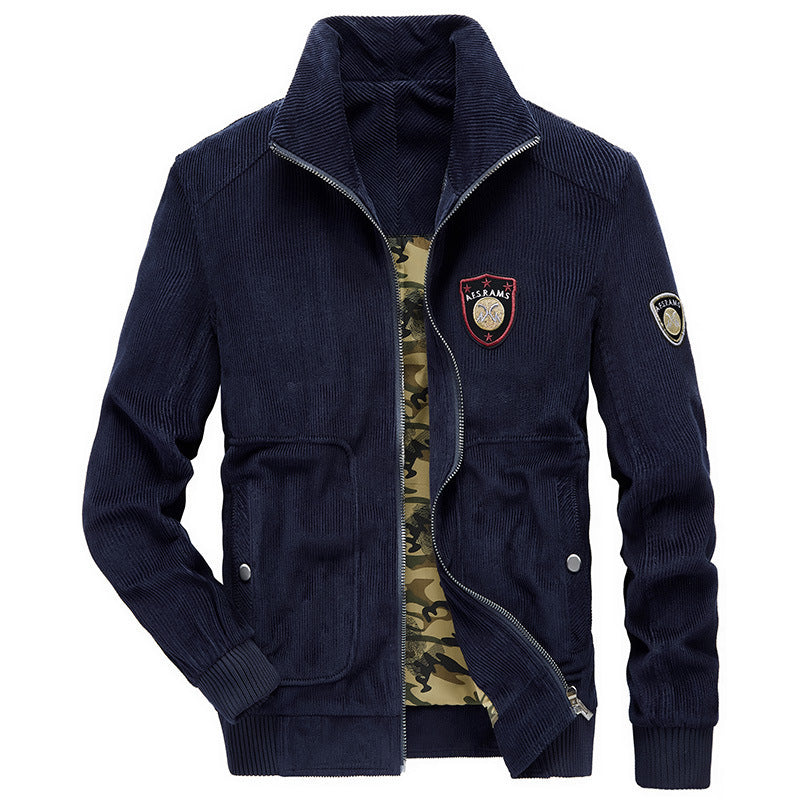 Men's cord jacket with standing collar, full zip, and badge details Mune Fashion