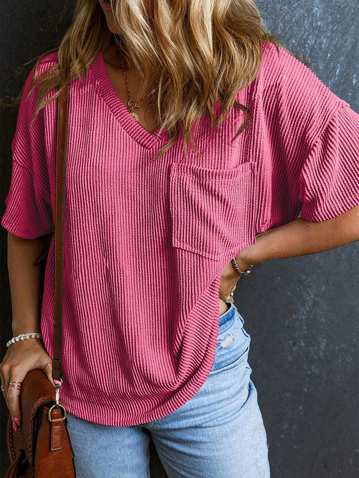 Women's Casual Ribbed Oversized T-Shirt with V-Neck and Breast Pocket Mune Fashion