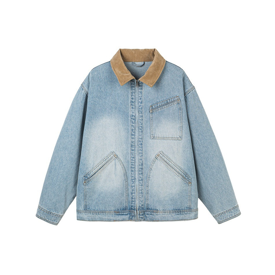 Men's Relaxed Denim Jacket with Contrast Corduroy Collar and Slanted Chest Pocket Mune Fashion
