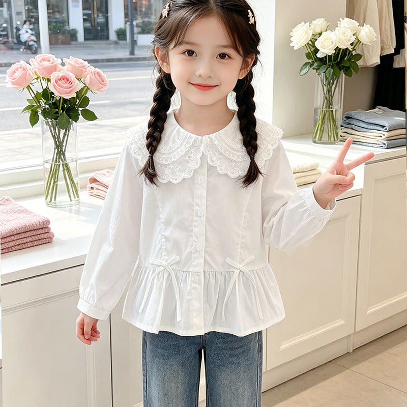 Girl's elegant blouse with lace hem and ruffle details Mune Fashion