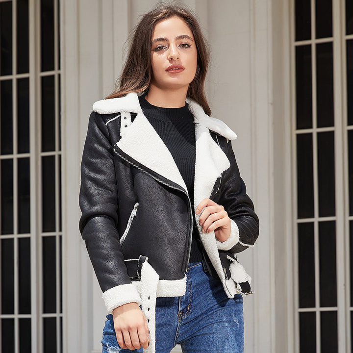 Women’s tailored lambskin imitation pilot jacket with belt and teddy lining Mune Fashion