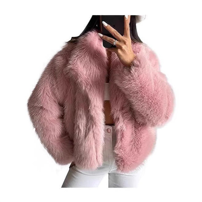 Women Short Faux Fur Jacket with Voluminous Shawl Collar Mune Fashion