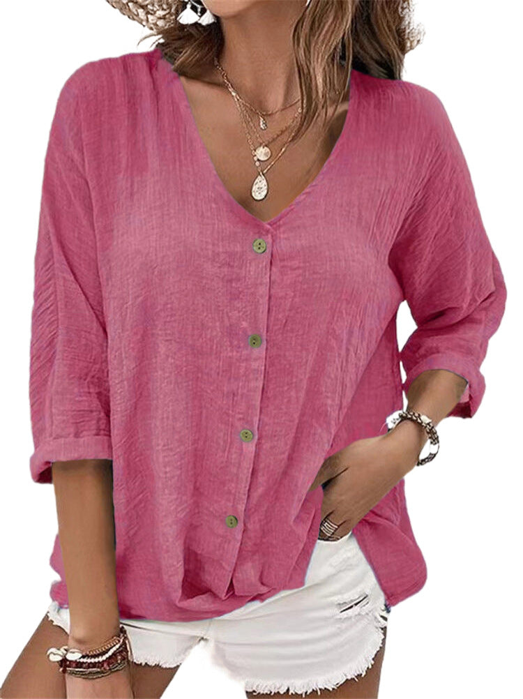 Women Loose V-Neck Blouse in Linen Look with Button Placket and Roll-Up Three-Quarter Sleeves Mune Fashion