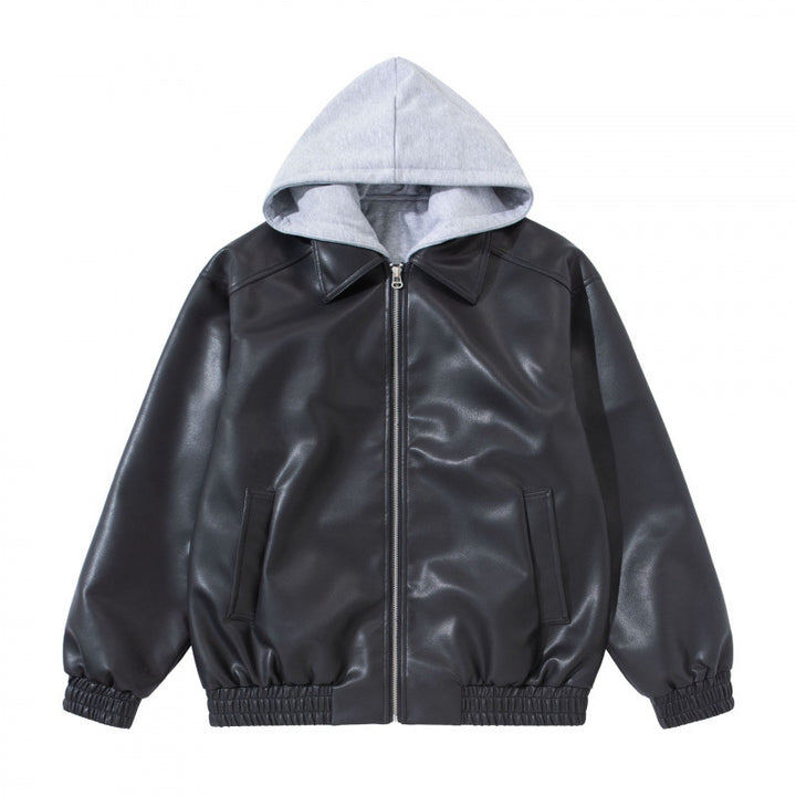 Unisex Oversize Faux Leather Bomber Jacket with Contrasting Hood, Zipper and Elastic Hem Mune Fashion