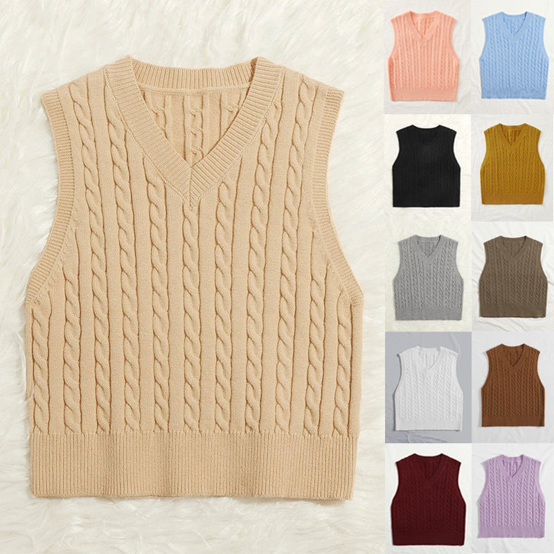 Women Knitted Sleeveless Cable Knit Sweater Vest with V-Neck Mune Fashion