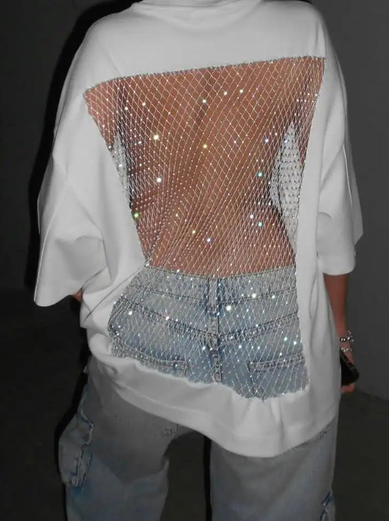 Women's oversized T-shirt with transparent mesh back, rhinestone embellishment and jeans print Mune Fashion