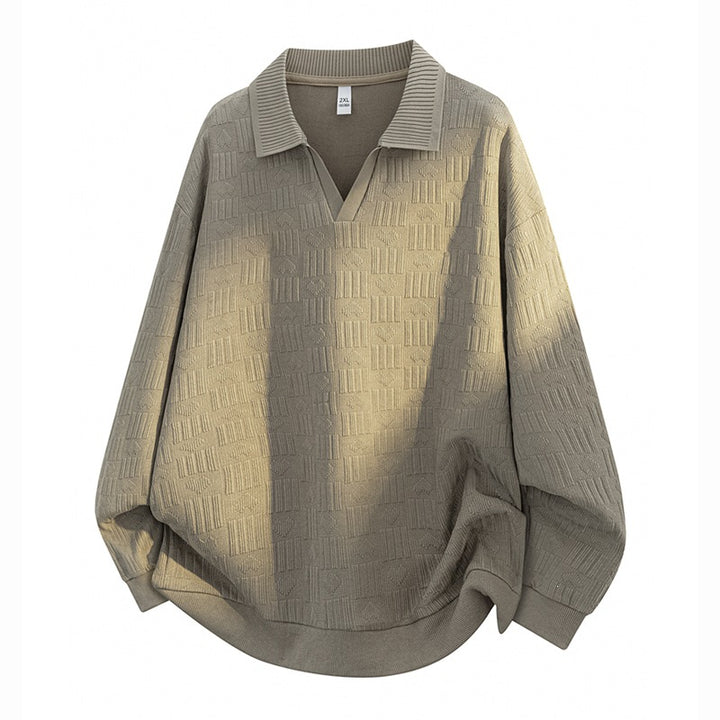 Men's Oversize Knit Polo with Textured Knit, Open V-Neck and Ribbed Collar Mune Fashion