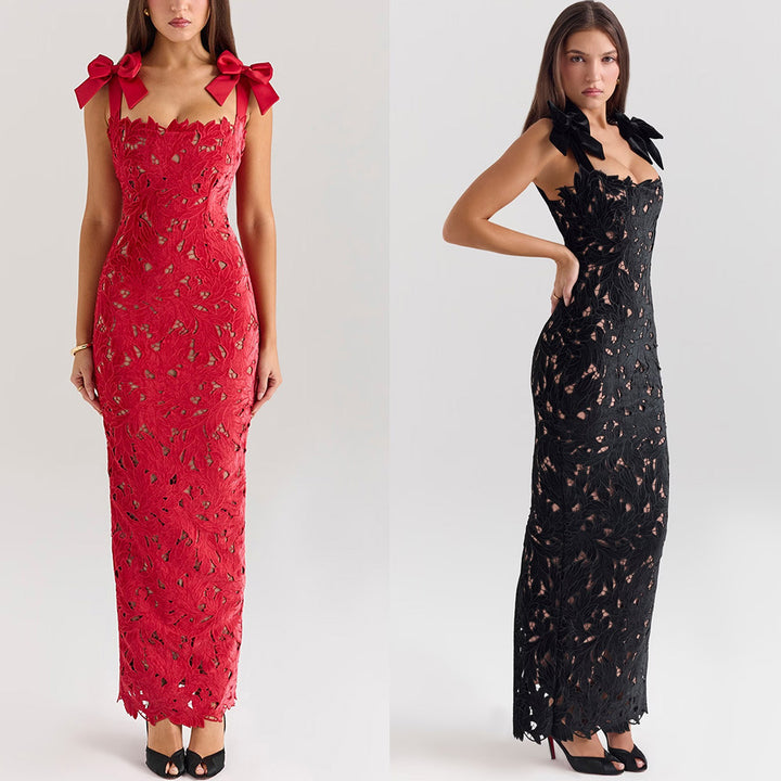Women's form-fitting floor-length lace evening dress in column shape with decorative bow straps Mune Fashion