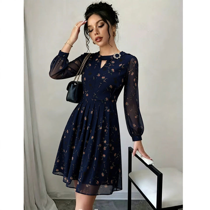 Women Chiffon Midi Dress with Pleated Skirt, Transparent Sleeves and Decorative Brooch Mune Fashion
