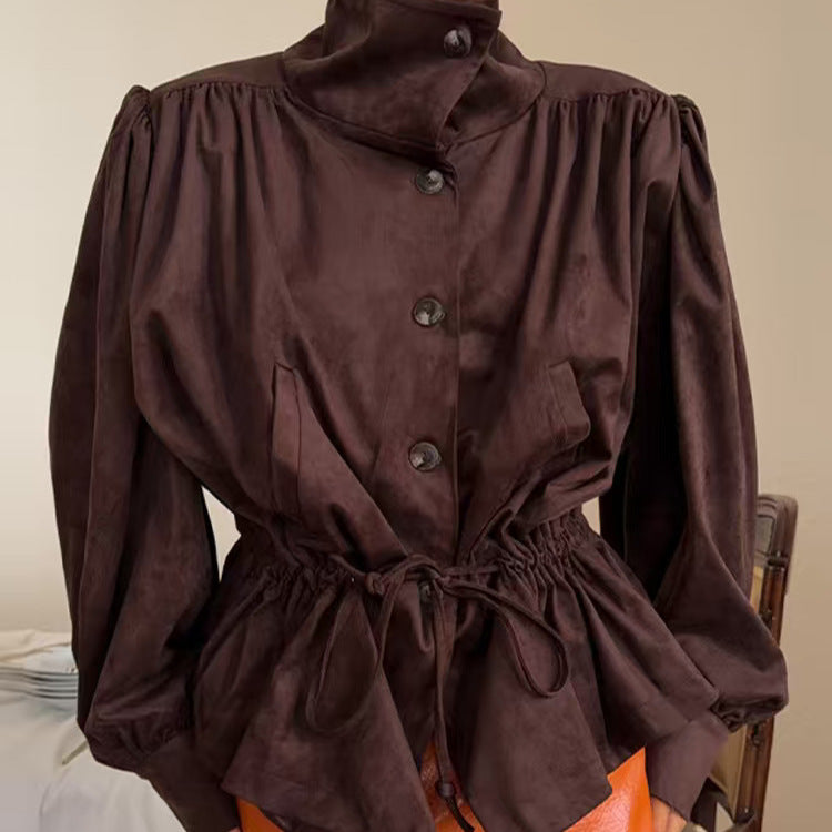 Women's short jacket in velour-suede look with stand-up collar, drawstring, and balloon sleeves Mune Fashion