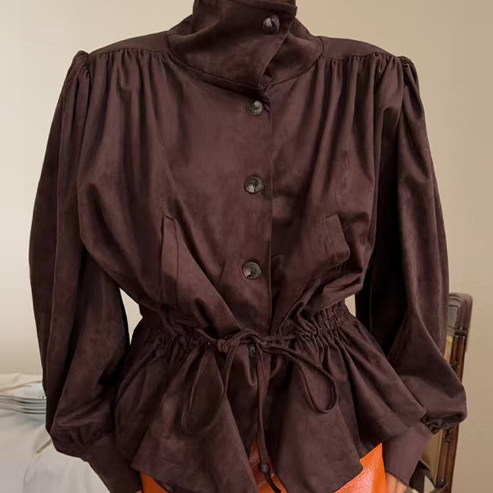 Women's short jacket in velour-suede look with stand-up collar, drawstring, and balloon sleeves Mune Fashion