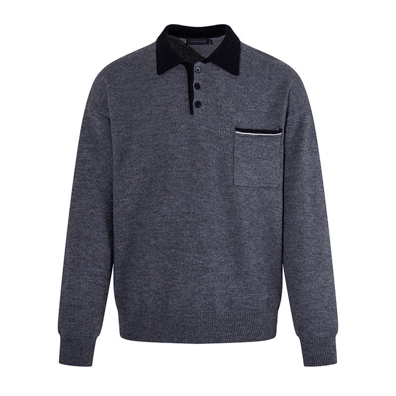 Men's polo shirt-knit sweater with button placket, chest pocket, and contrast collar Mune Fashion