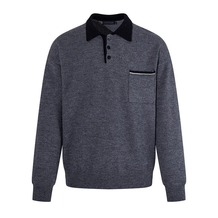 Men's polo shirt-knit sweater with button placket, chest pocket, and contrast collar Mune Fashion