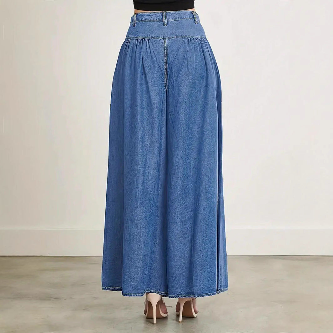 Women High-Waisted Denim Palazzo Pants with Gathered Box Pleat and Extra Wide Leg Mune Fashion