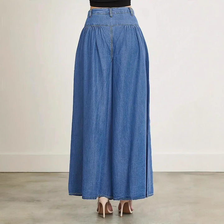 Women High-Waisted Denim Palazzo Pants with Gathered Box Pleat and Extra Wide Leg Mune Fashion