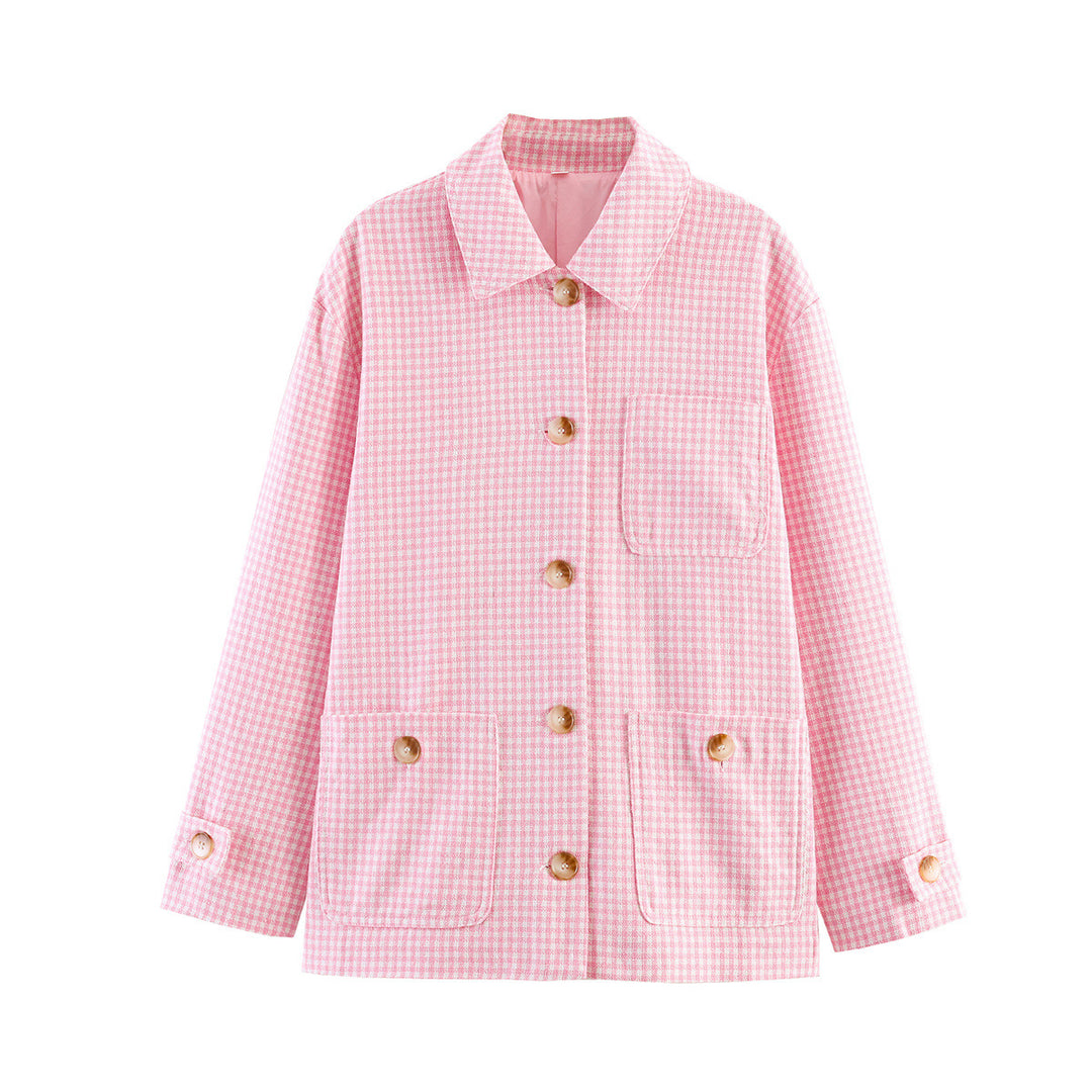 Women’s Oversized Short Jacket with Small Check, Patch Pockets and Decorative Buttons Mune Fashion
