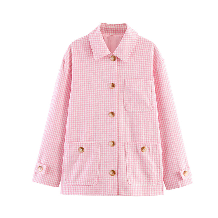 Women’s Oversized Short Jacket with Small Check, Patch Pockets and Decorative Buttons Mune Fashion