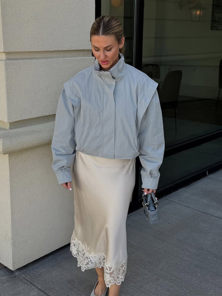 Ladies Cropped Transitional Jacket with Stand Collar and Emphasized Shoulder Area Mune Fashion