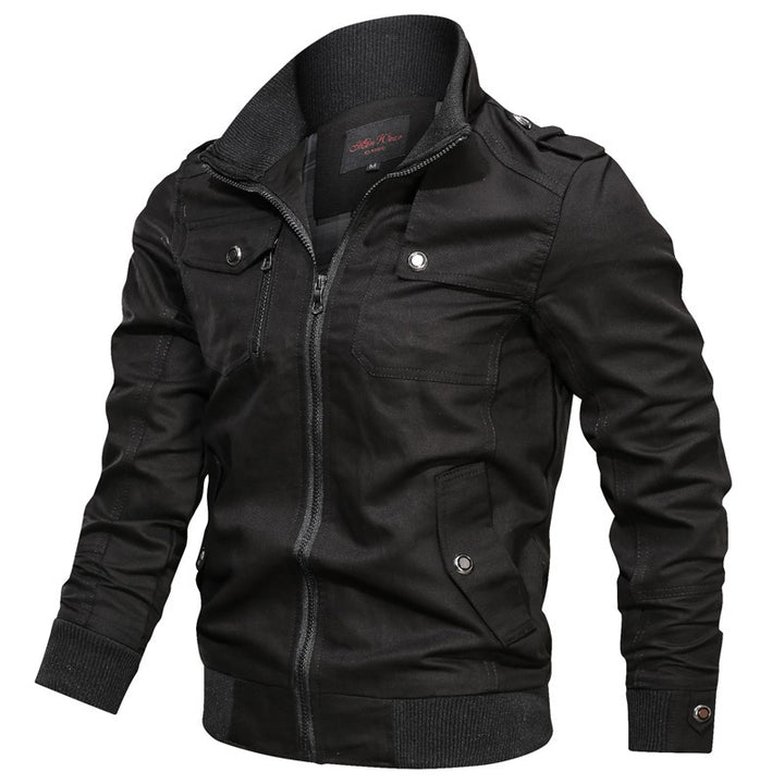 Men's Canvas Bomber Jacket with Ribbed Collar, Shoulder Epaulettes, and Multi-Functional Pockets Mune Fashion