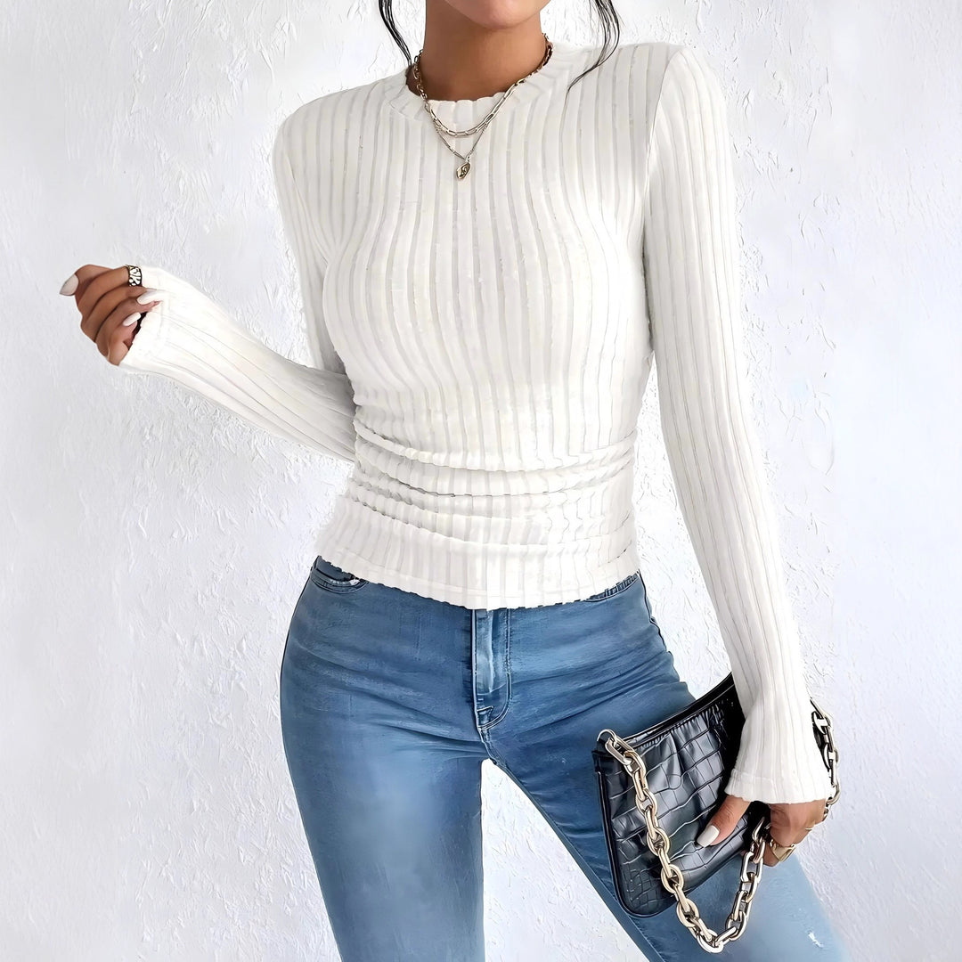 Women's Ribbed Long Sleeve Shirt with Vertical Pleated Look and Tailored Fit Mune Fashion