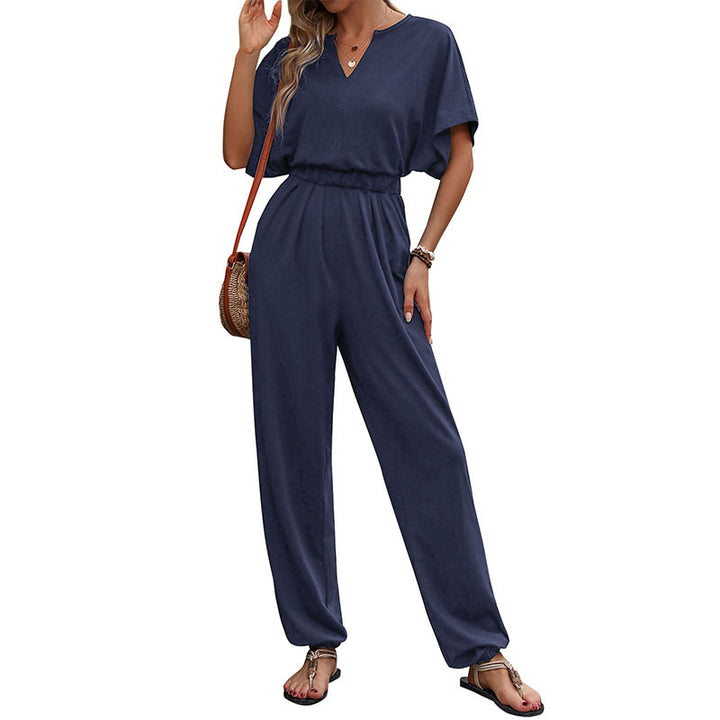 Women's Casual Jumpsuit with Waist Smocking, Short Batwing Sleeves and Elastic Ankle Cuffs Mune Fashion