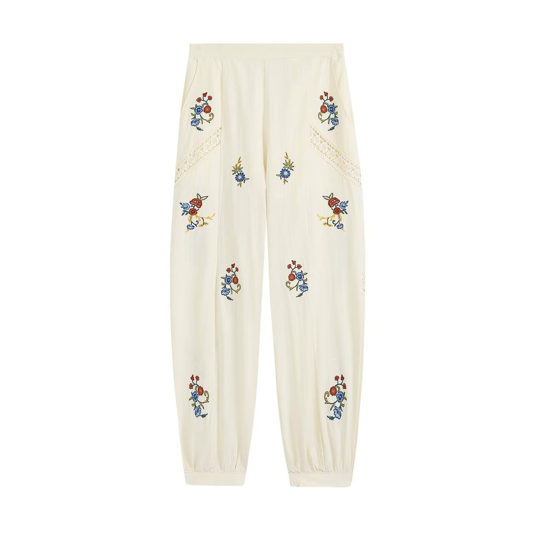 Women's Loose-Fitting Boho Pants with Floral Embroidery, Lace Inserts, and Elastic Cuffs