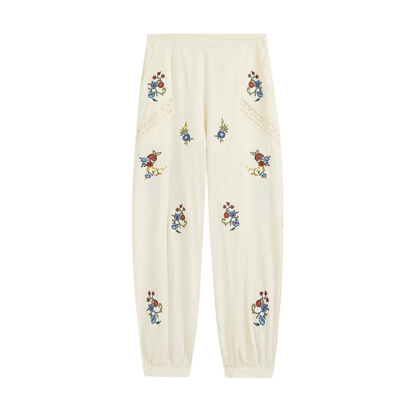 Women's Loose-Fitting Boho Pants with Floral Embroidery, Lace Inserts, and Elastic Cuffs