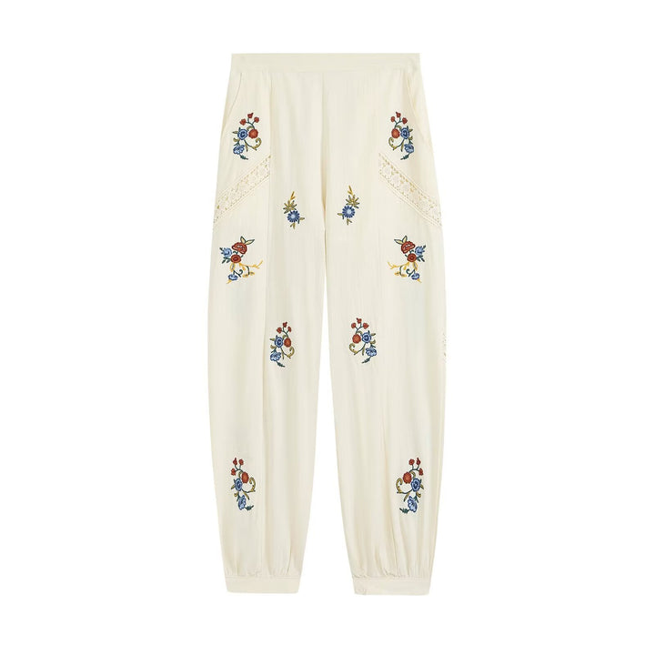 Women's Loose-Fitting Boho Pants with Floral Embroidery, Lace Inserts, and Elastic Cuffs