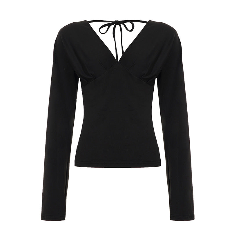Women's figure-hugging long-sleeve top with deep V-neckline, neck tie for binding, and tailored silhouette Mune Fashion