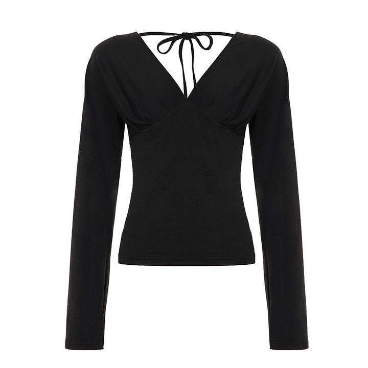 Women's figure-hugging long-sleeve top with deep V-neckline, neck tie for binding, and tailored silhouette Mune Fashion