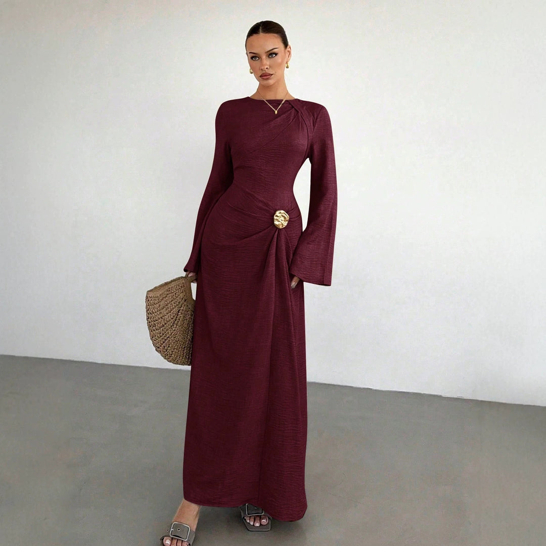 Ladies max dress with draping, decorative brooch and wide trumpet sleeves Mune Fashion